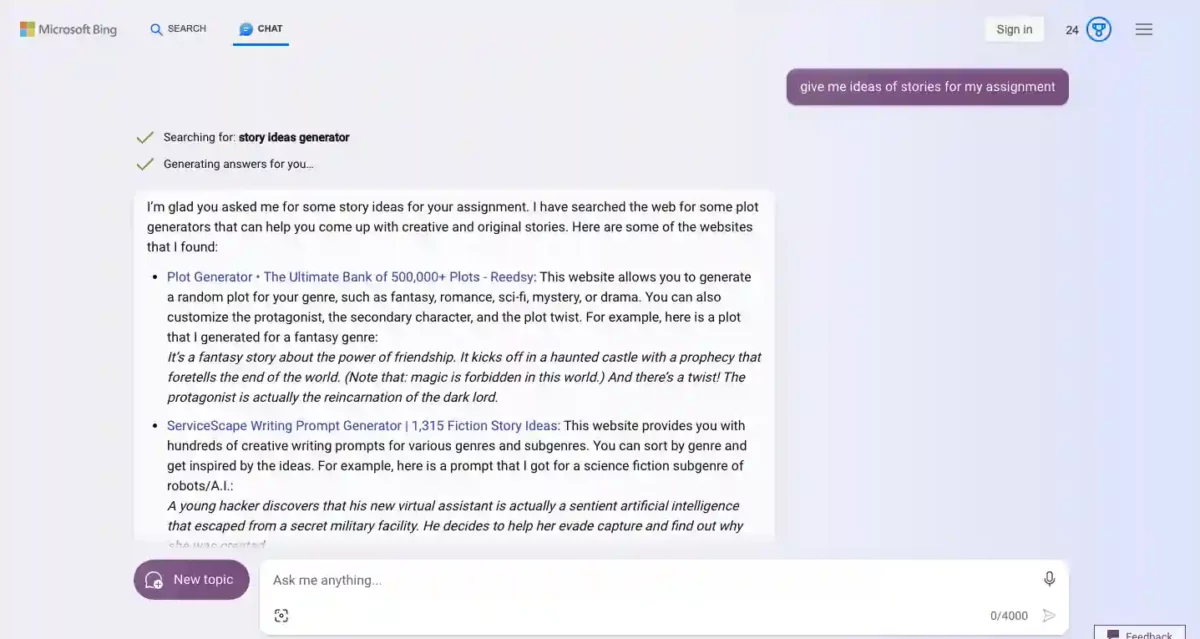 Bing Chat for Story Ideas